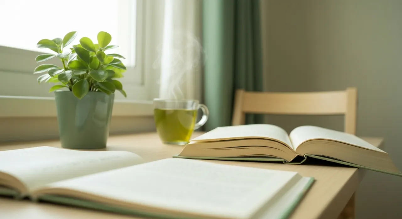集中して書き物をする40代女性。記憶力と集中力のケアを意識する場面