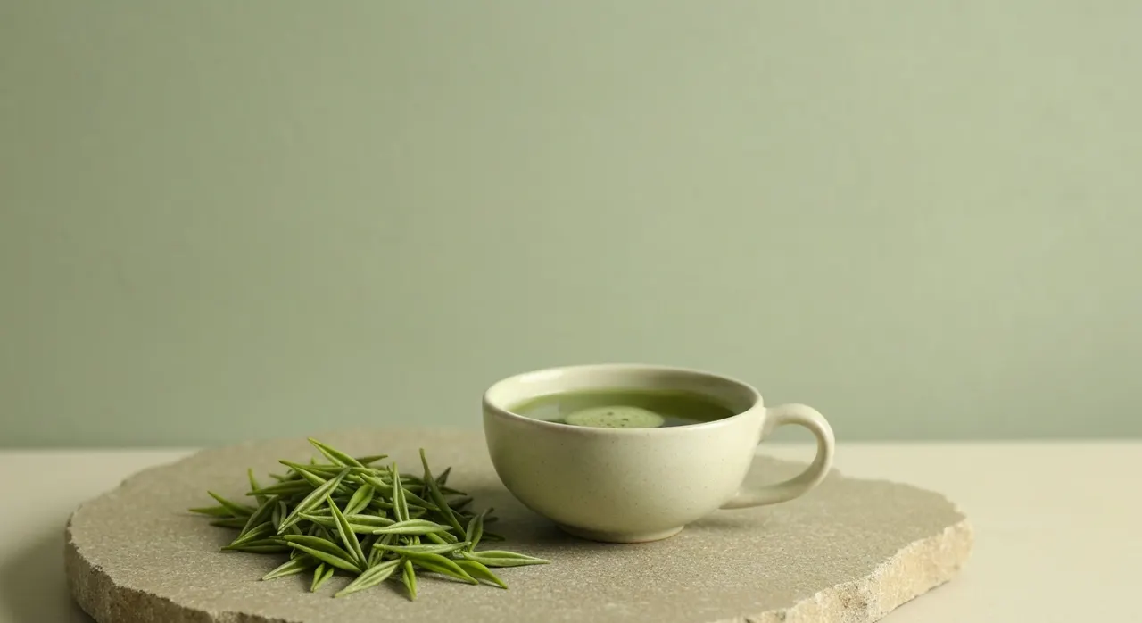 緑茶のマグカップとサプリのボトルが並ぶ、テアニン関連の食卓イメージ