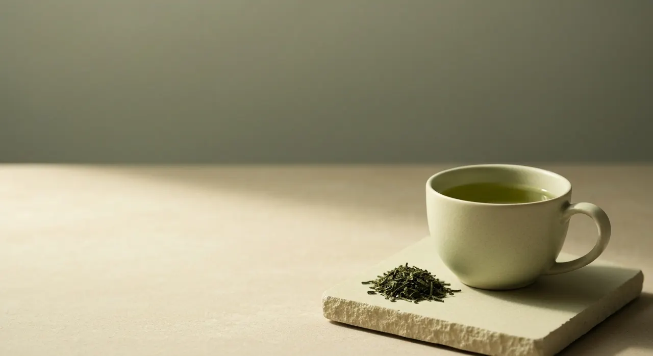 緑茶のカップとL-テアニンを含む茶葉のイメージ。リラックスしながら集中する成分の背景を表す