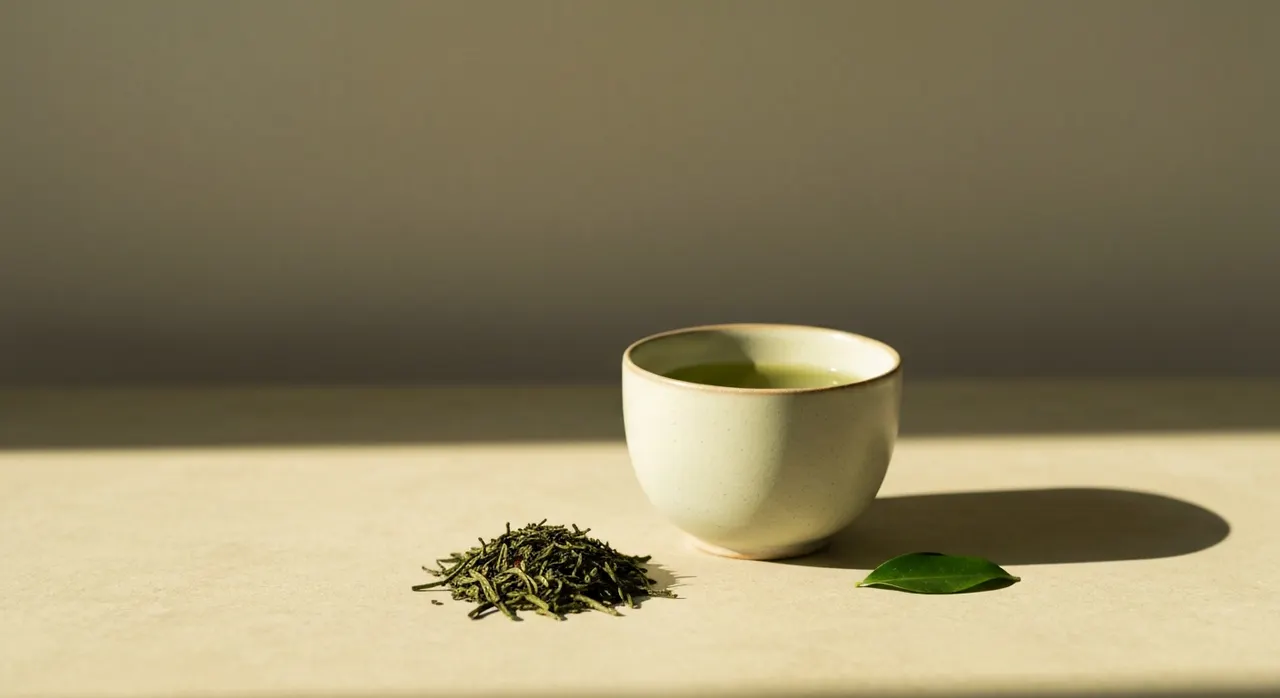 緑茶のマグカップとサプリのボトルが並ぶ、テアニン関連の食卓イメージ