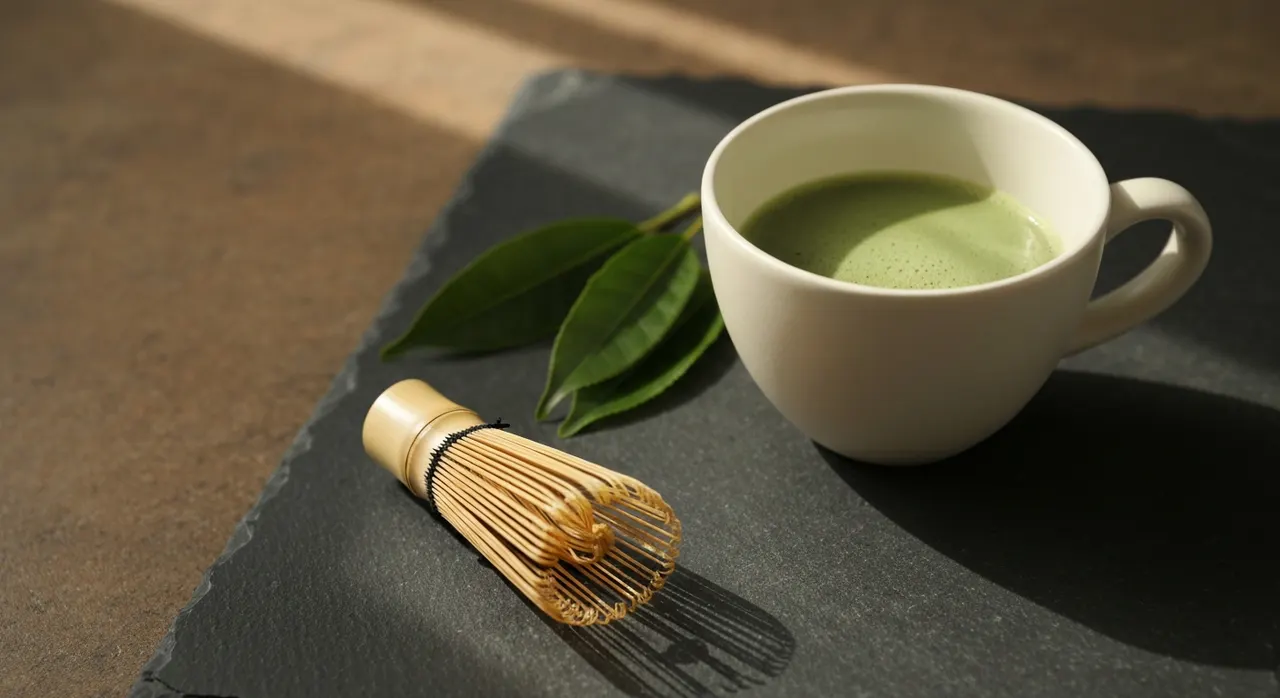 緑茶のカップとL-テアニンを含む茶葉のイメージ。リラックスしながら集中する成分の背景を表す