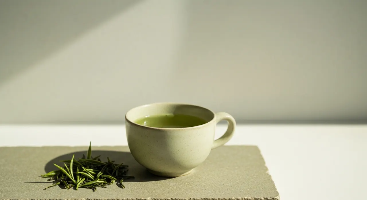 緑茶と茶葉のイメージ。L-テアニンが含まれる緑茶の成分解説に対応