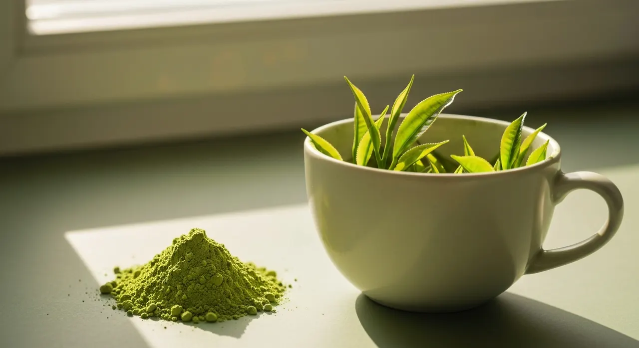 緑茶とL-テアニンのイメージ。お茶碗と茶葉。