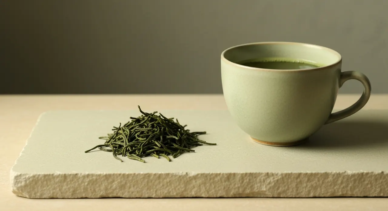 緑茶と茶葉のイメージ。L-テアニンが含まれる緑茶の成分解説に対応