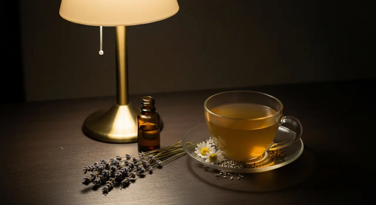 夜のデカフェハーブティーとリラックスケアのイメージ
