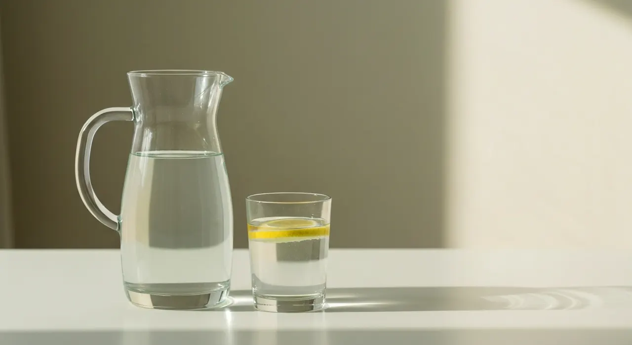 グラスに水を注ぐシーン。お酒と一緒に水を飲む習慣のイメージ。