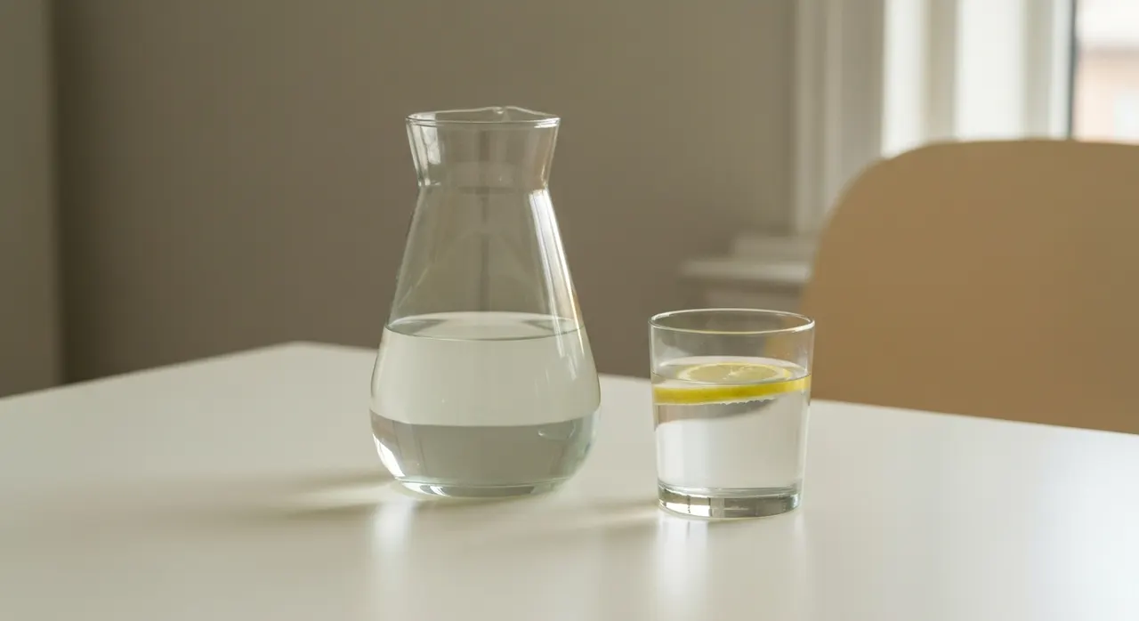 グラスに水を注ぐシーン。お酒と一緒に水を飲む習慣のイメージ。