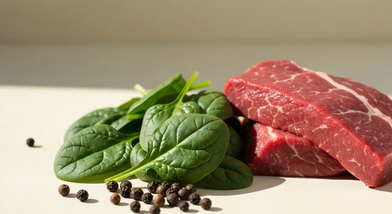 レバーや赤身の肉・ほうれん草など鉄分を豊富に含む食材の集合イメージ