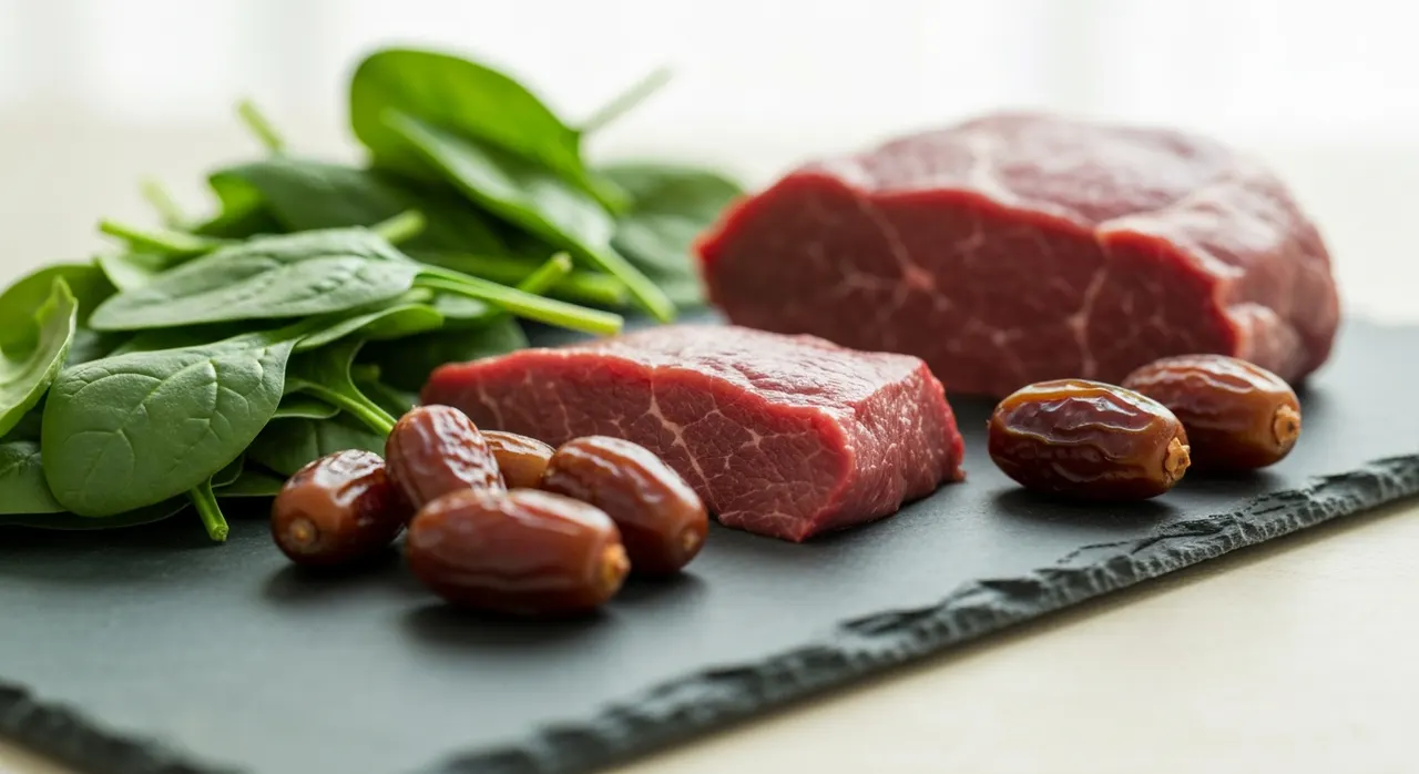 ほうれん草・赤身肉・大豆など鉄分を含む食材を並べた明るいテーブルのイメージ
