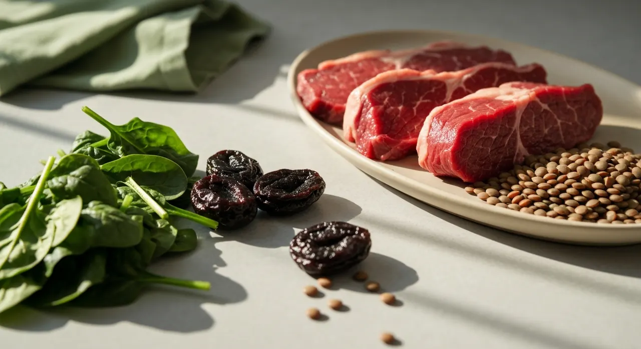 鉄分を多く含む食材として、ほうれん草・レンズ豆・赤身肉などが並んでいるイメージ