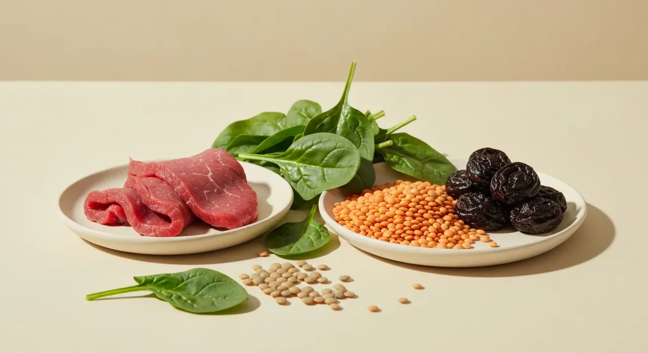 ほうれん草やレンズ豆など鉄分を含む食材と鉄分サプリが並ぶイメージ