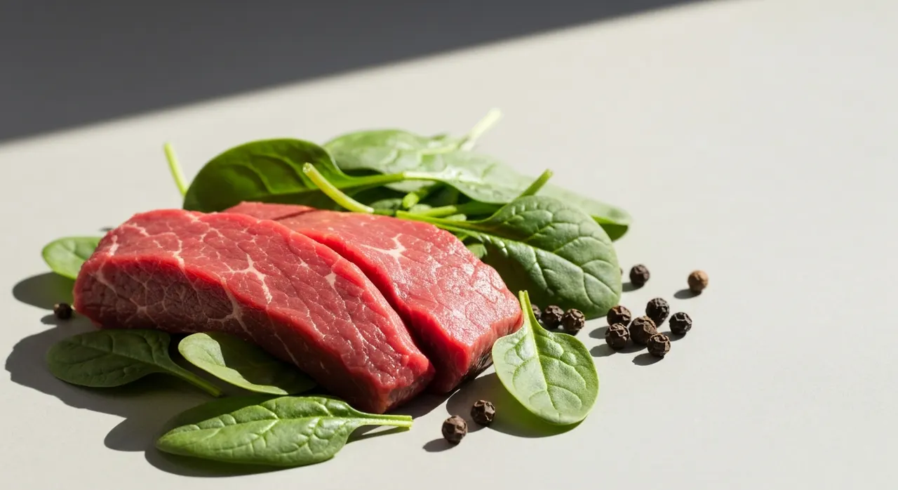 ほうれん草・赤身肉・大豆など鉄分を含む食材を並べた明るいテーブルのイメージ