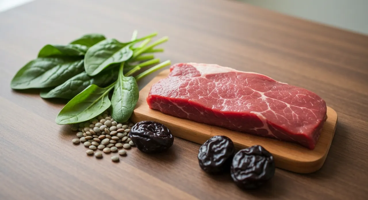 鉄分を含む食材のイメージ。赤身肉やほうれん草、豆類が並ぶ