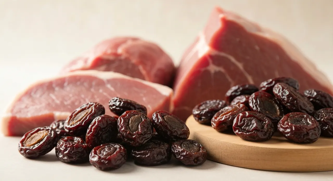 鉄分を含む食材(赤身肉・ほうれん草・豆類)が並んだ食事シーン。運動する人の鉄分補給を意識したイメージ