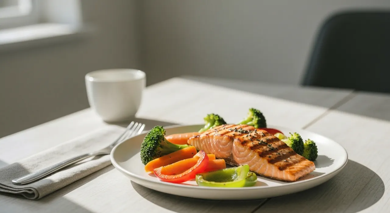夕食後にサプリと水を用意する様子。マグネシウムを食事と組み合わせる習慣のイメージ