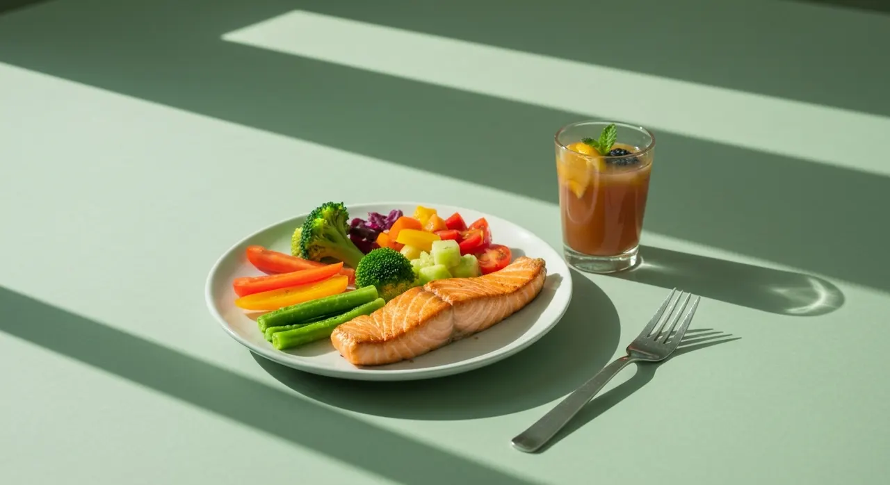 鉄分の吸収を助けるビタミンCを含む食事のイメージ。ブロッコリーや柑橘類を添えた食卓
