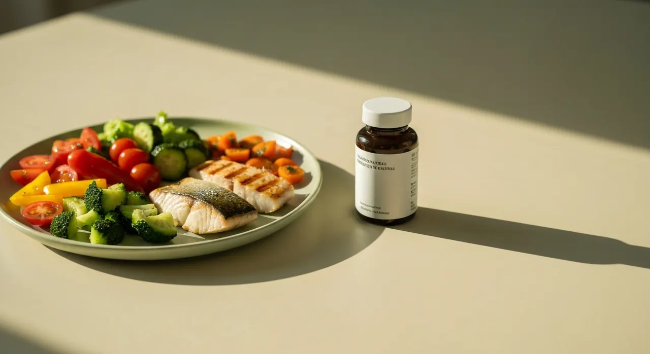 食事と一緒にサプリを摂る朝のテーブル。B群サプリと水のグラスが置かれている。