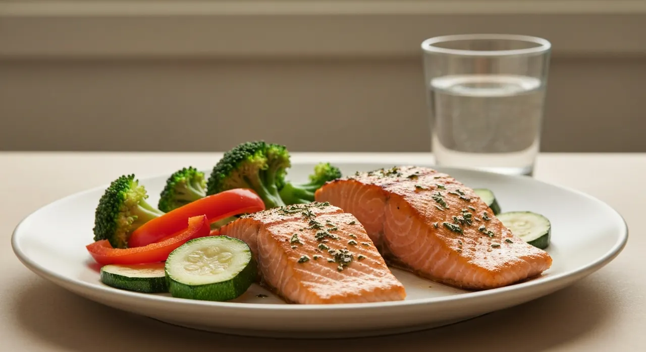 食事と一緒にサプリを摂る様子。ビタミンB群と他の成分の組み合わせや摂取タイミングを示すイメージ。