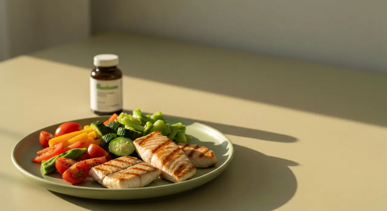 食事と一緒にオメガ3フィッシュオイルのソフトジェルを摂取するイメージ。California Gold Nutritionオメガ3の服用シーン