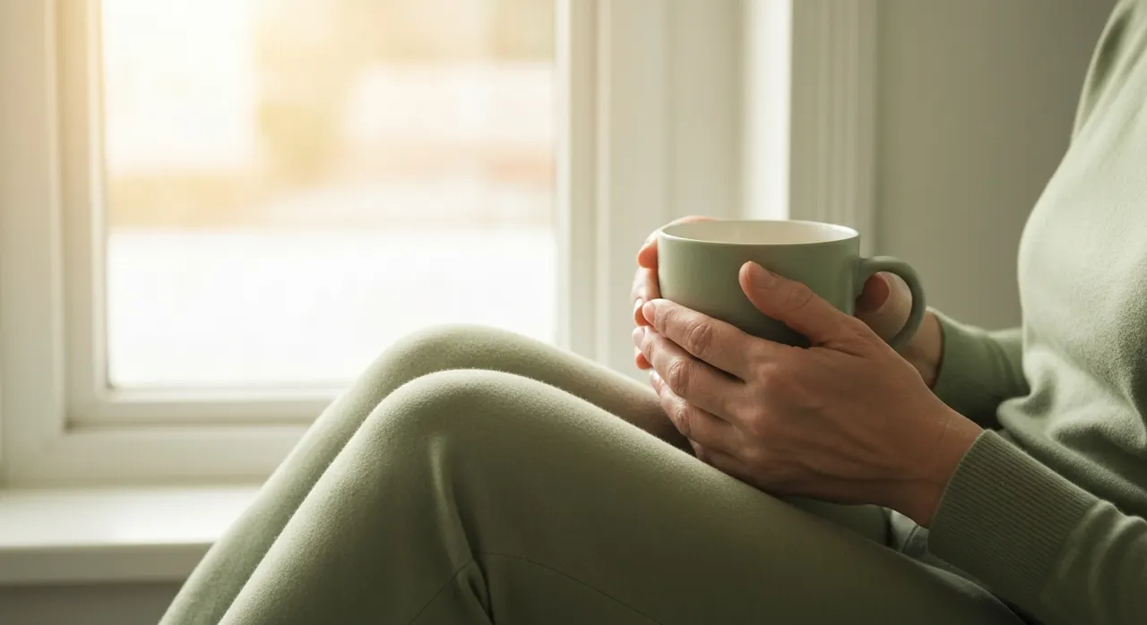 更年期ケアをイメージした、穏やかな表情の女性と植物のある部屋のイメージ