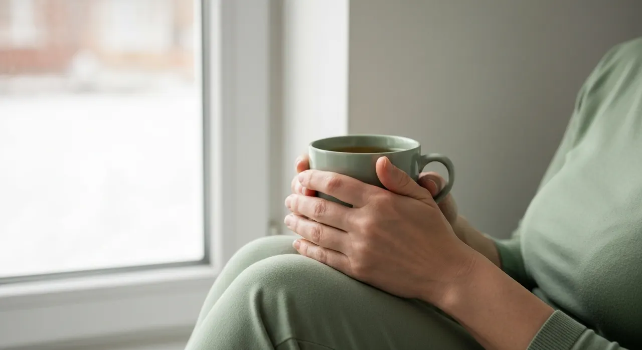 更年期ケアをイメージした、穏やかな表情の女性と植物のある部屋のイメージ