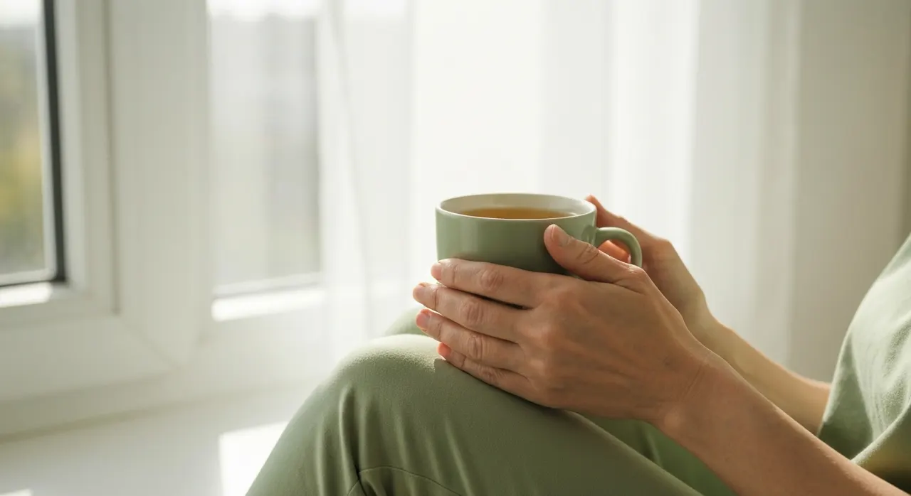更年期世代の女性がリラックスしながら自分の健康を考えているイメージ