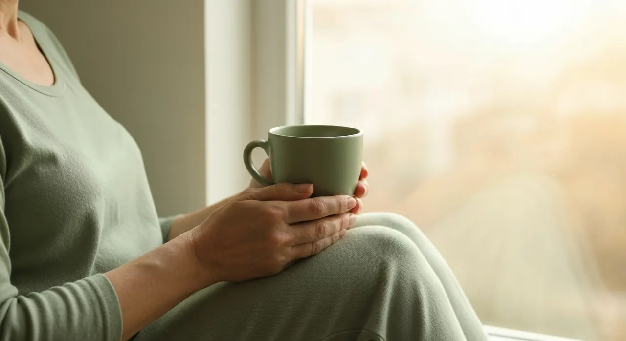 更年期世代の女性がリラックスしながらサプリメントの情報を確認しているイメージ
