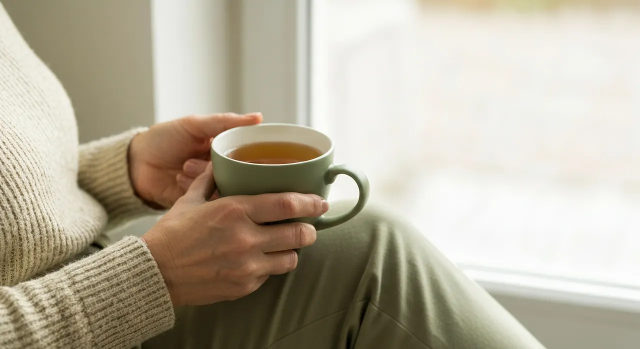 更年期世代の女性がリラックスしながら自分の健康を考えているイメージ