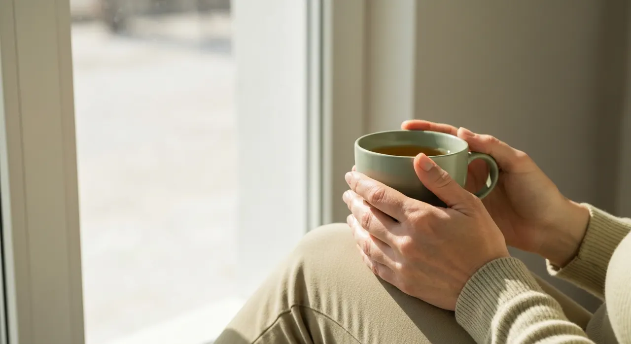 生理期間中、温かいハーブティーを飲みながら休む女性のイメージ