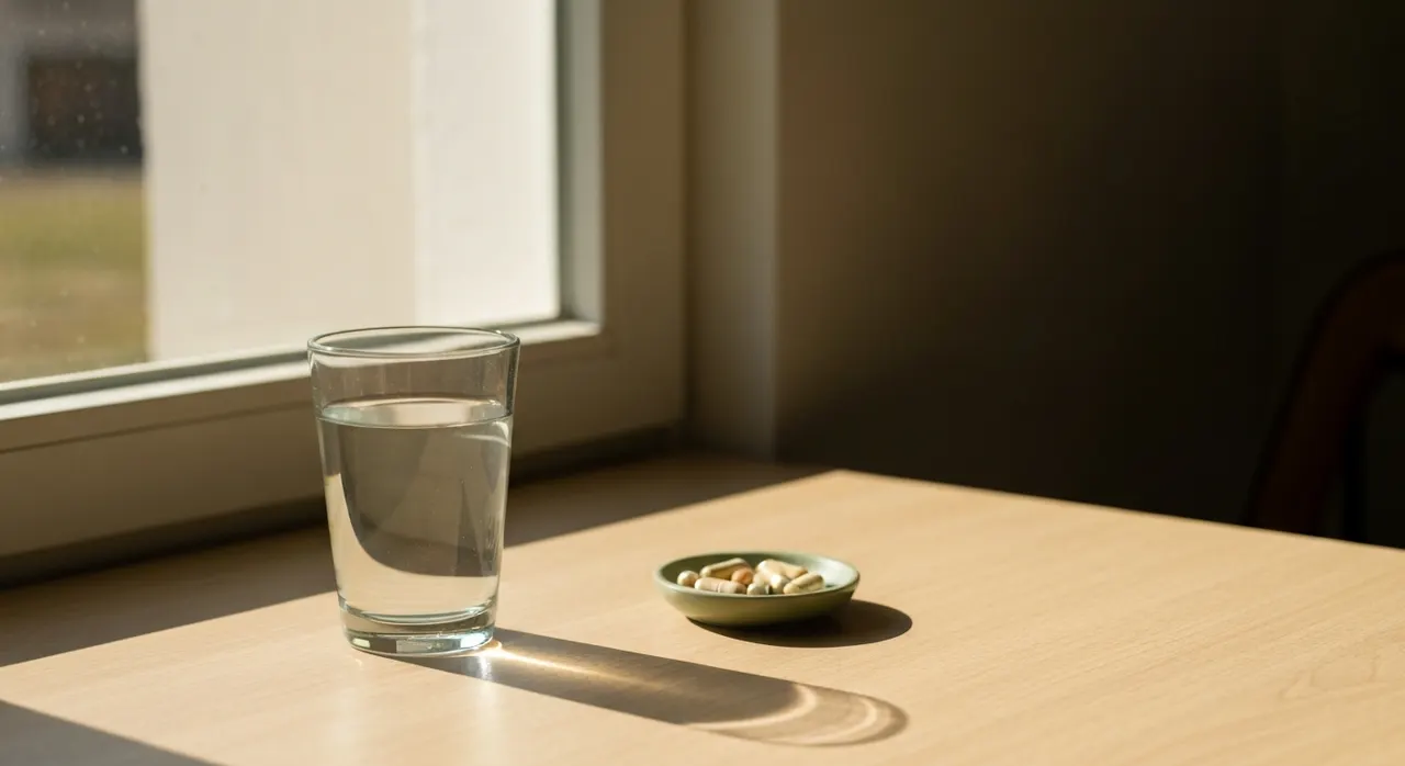 朝の習慣としてビタミンB群のサプリメントを水と一緒に摂るイメージ