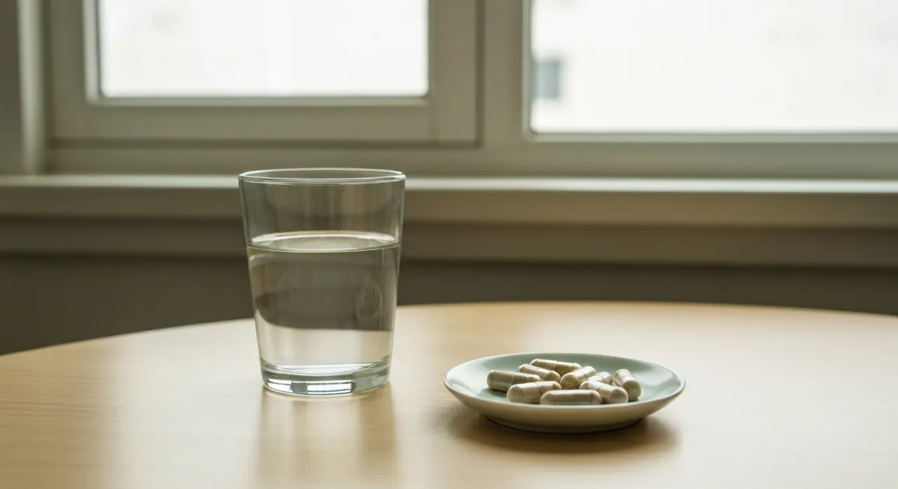 朝の習慣としてサプリを水と一緒に飲む手元のイメージ