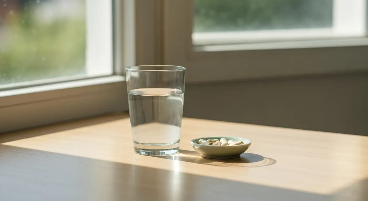 朝のルーティンでサプリメントを水と一緒に飲む習慣のイメージ