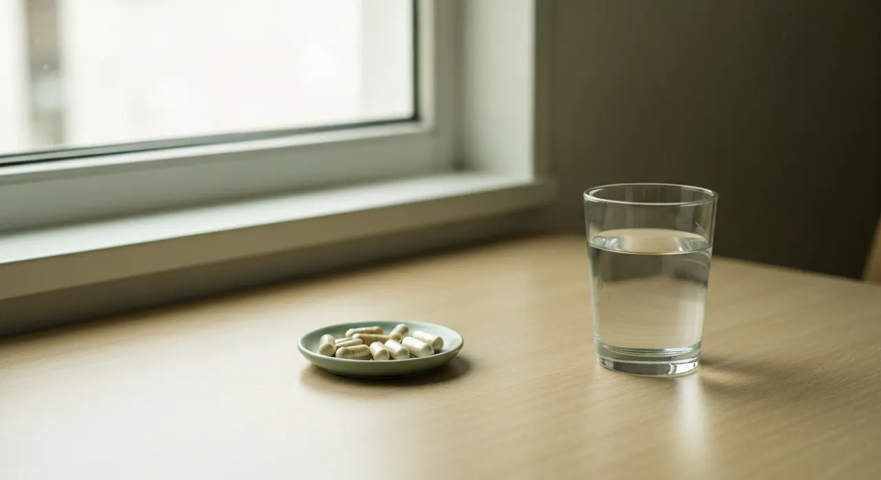 朝食のテーブルにビタミンCサプリと水のグラスを置いた習慣のイメージ