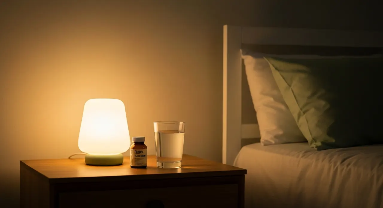 夜のベッドサイドに置かれたマグネシウムカプセルと水のグラス、睡眠ケアのイメージ
