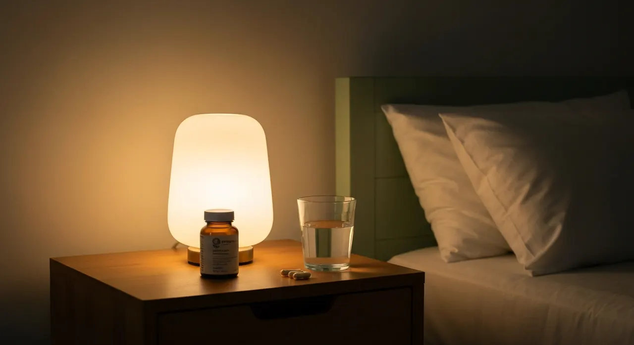 グリシンを就寝前に摂る睡眠ルーティンのイメージ、ナイトスタンドと水のある寝室