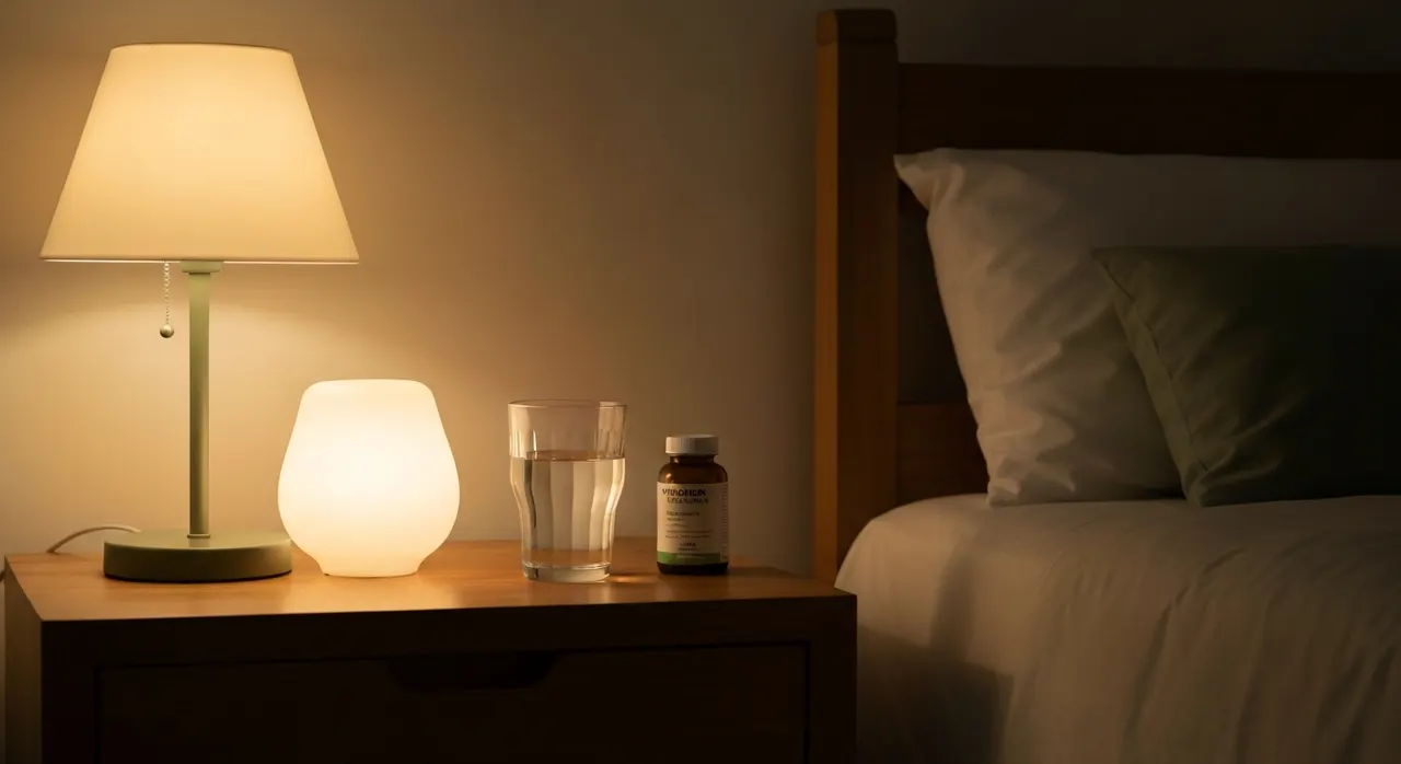 夜の睡眠とリラックスをイメージした、暗い部屋とベッドサイドのイメージ