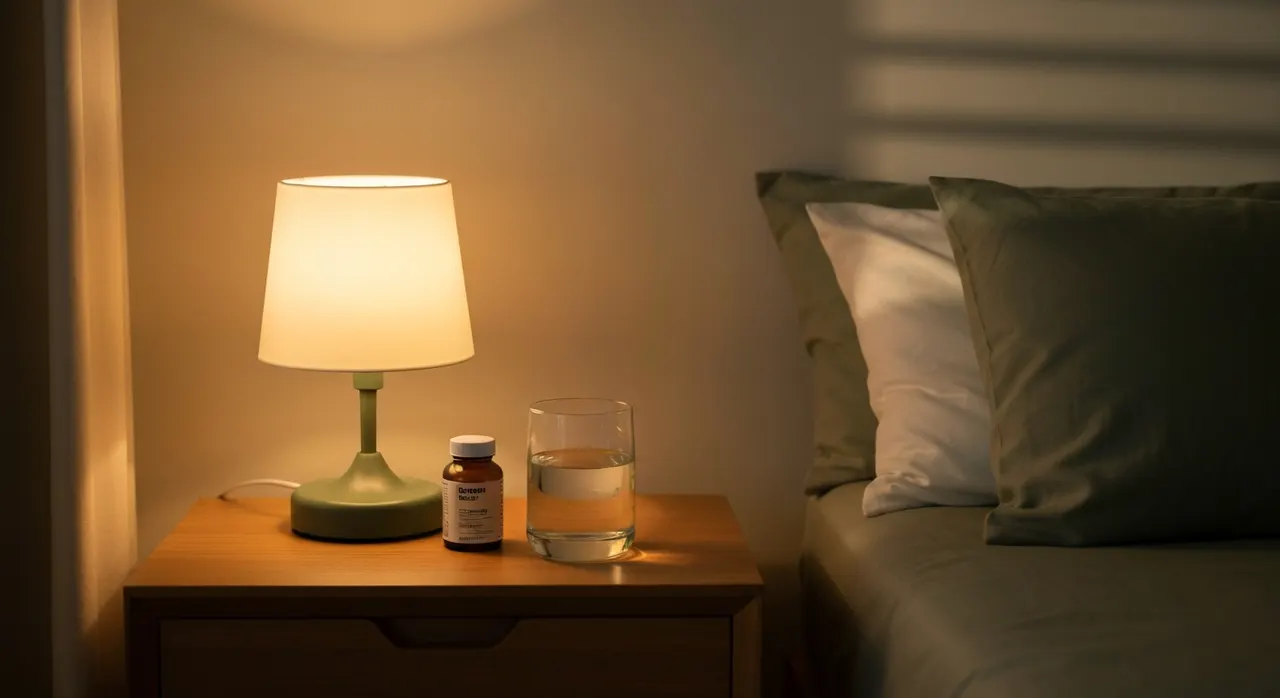 夜、静かな部屋でリラックスしているイメージ。GABAサプリと睡眠の関係を示す