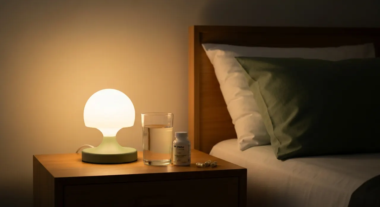 間接照明の暗い寝室で静かに眠る人のシルエット。睡眠の質と休息のイメージ