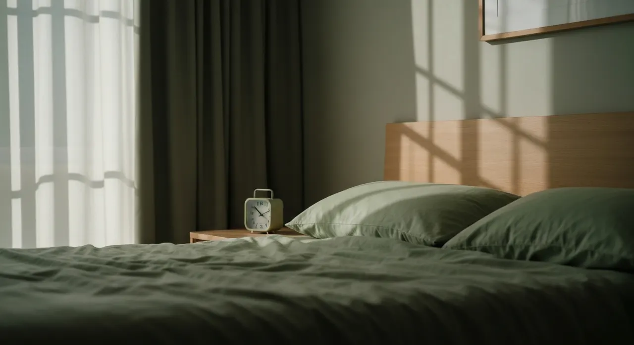 暗い寝室で眠れずにいる夜のイメージ。L-テアニンと寝つきの悩みを示す