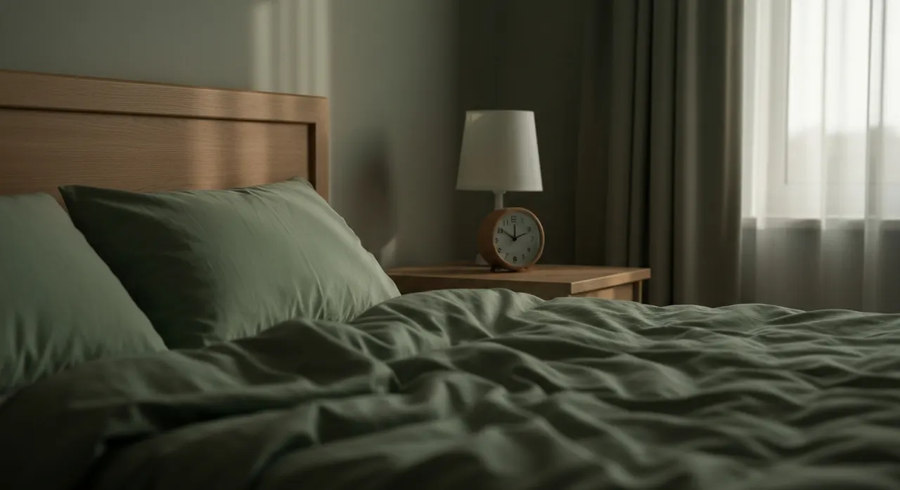 夜に脚のむずむず感で眠れず、ベッドで脚を動かしている女性のイメージ