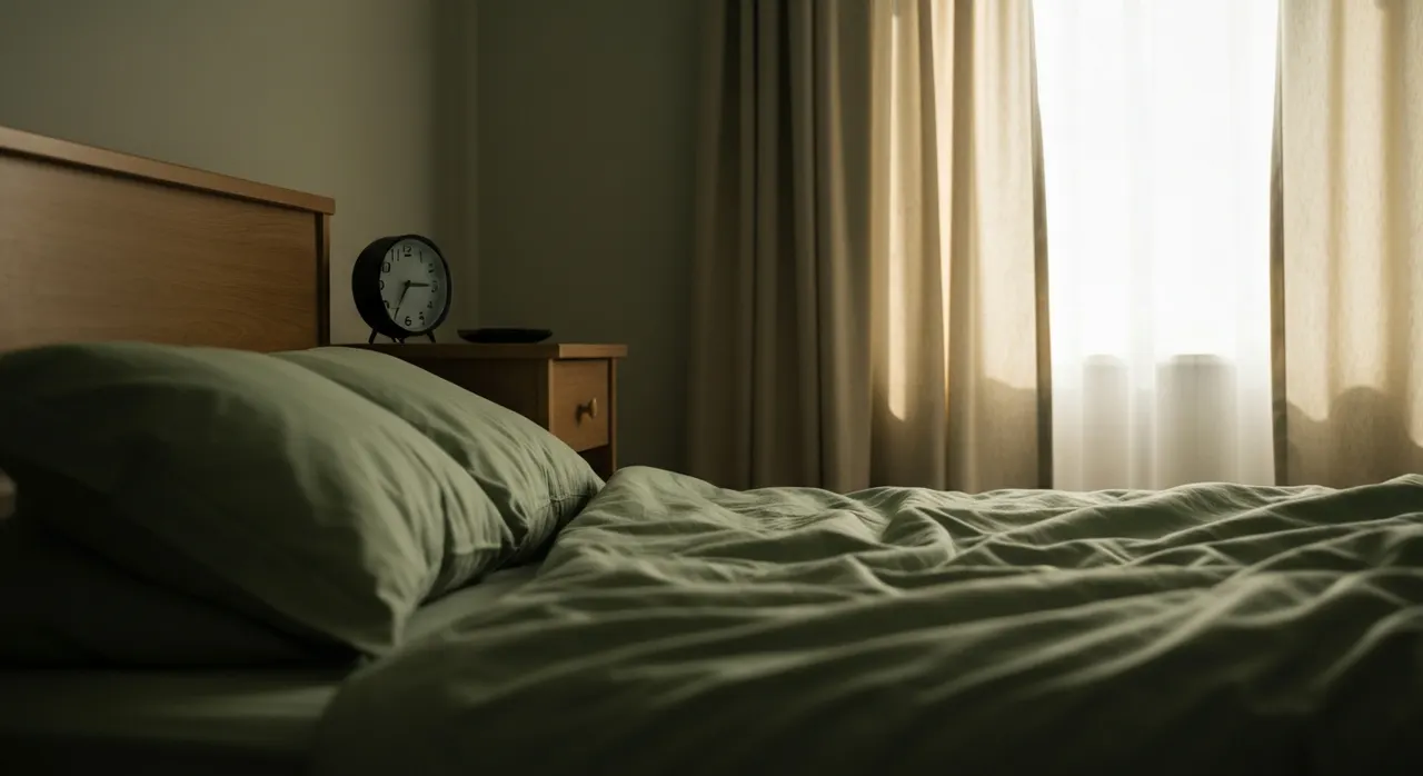 夜中に目が覚めて眠れない、中途覚醒のイメージ。暗い寝室でベッドに横たわる人