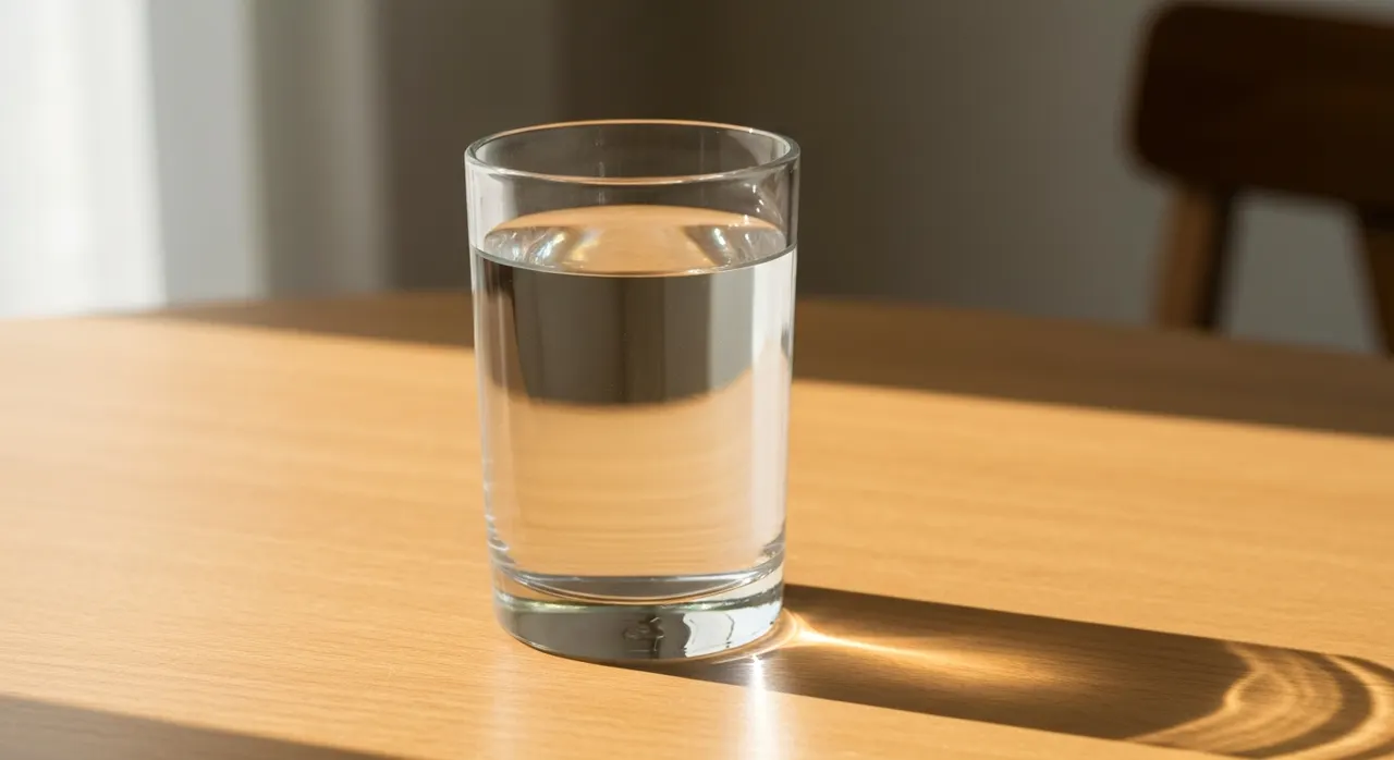 鉄分サプリを水で飲む習慣のイメージ。コップ一杯の水とカプセル