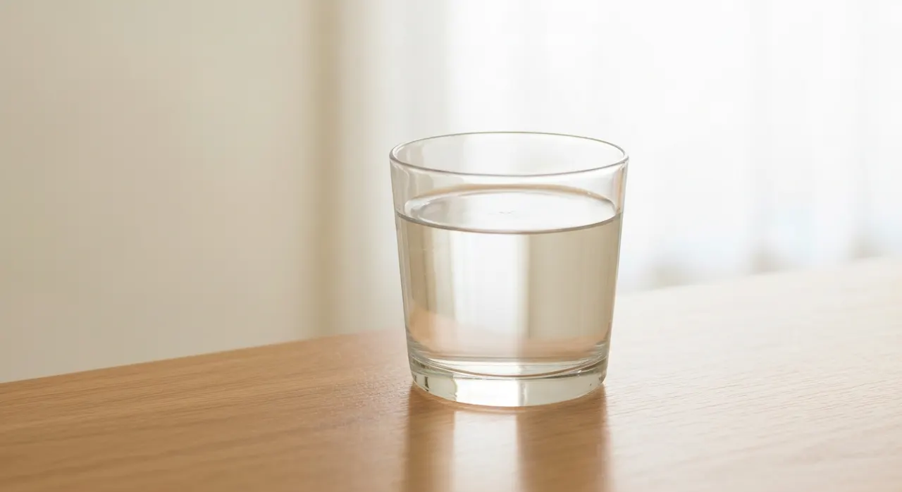 ビタミンCサプリを一杯の水で飲む様子。飲み方の注意点を示す日常的なイメージ。