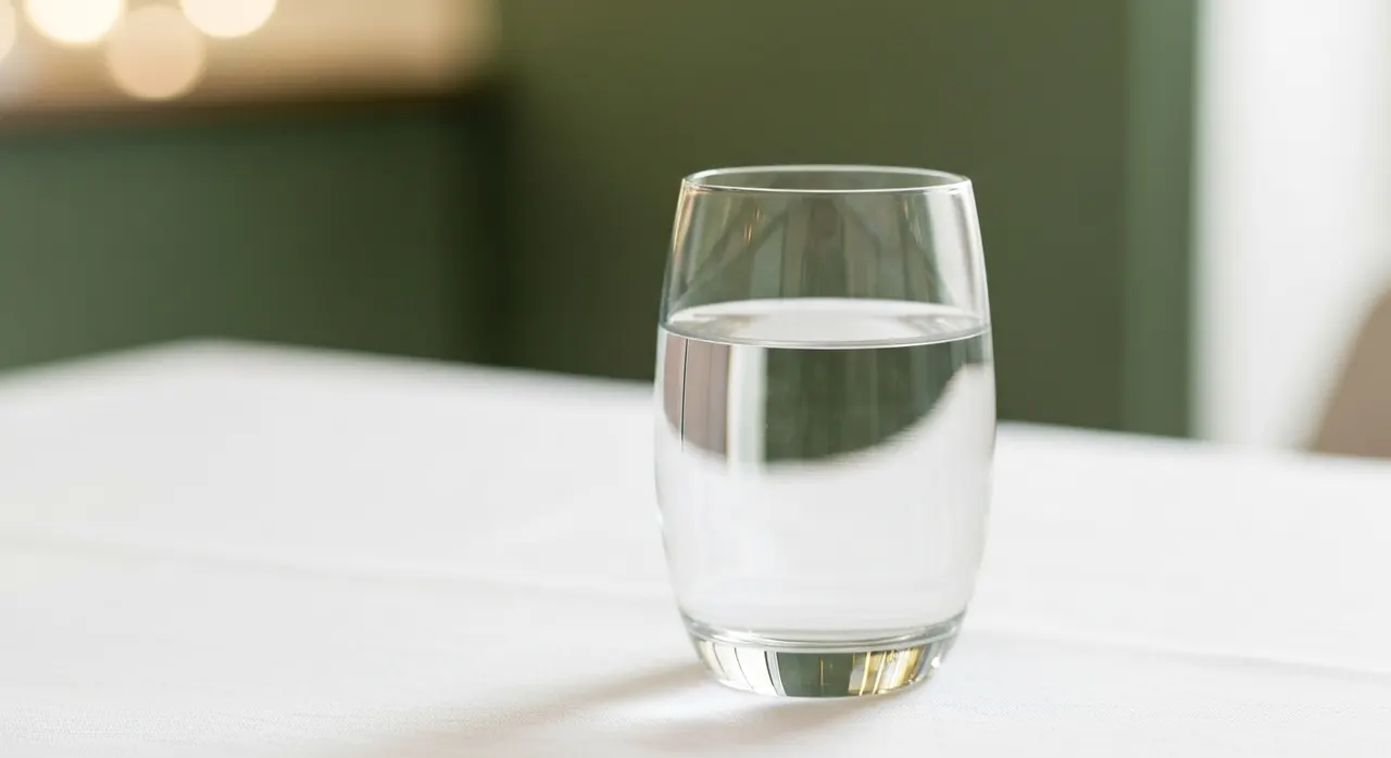 大きめのタブレットをコップ一杯の水と一緒に飲む様子のイメージ