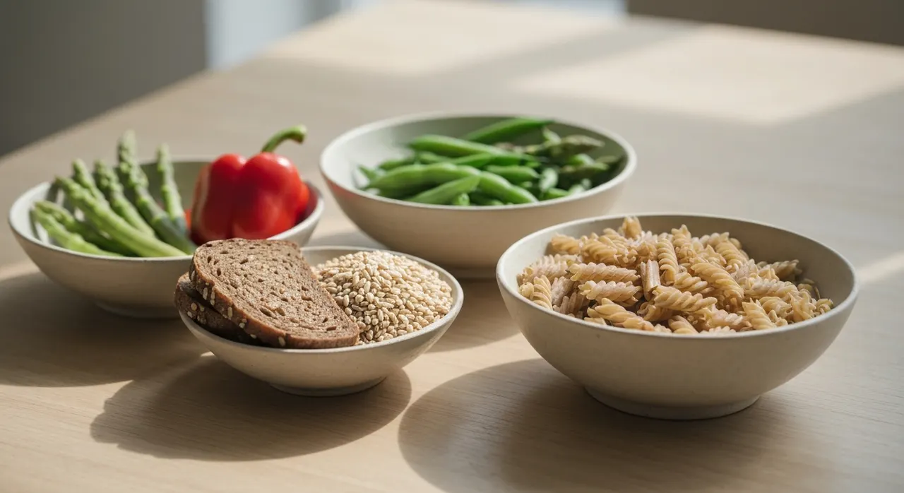 ビタミンB群を含む全粒穀物や豆類、葉物野菜が並んだ食卓のイメージ