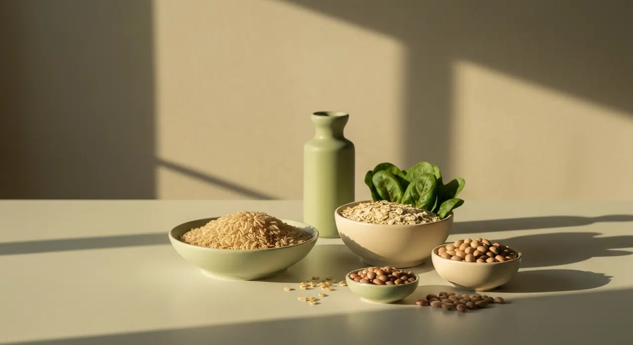 ビタミンB群を含む全粒穀物や玄米・豆類など、肌の調子を意識した食材のイメージ
