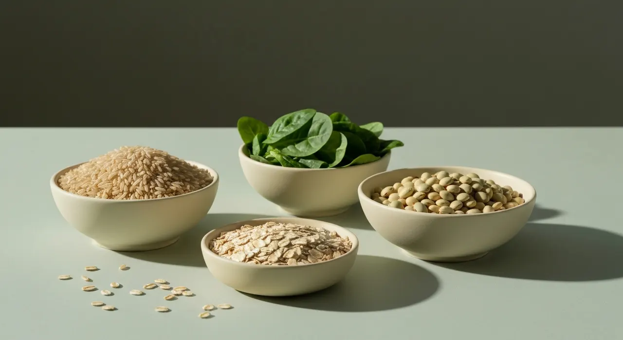 ビタミンB群を含む全粒穀物や豆類が並ぶ食材のイメージ