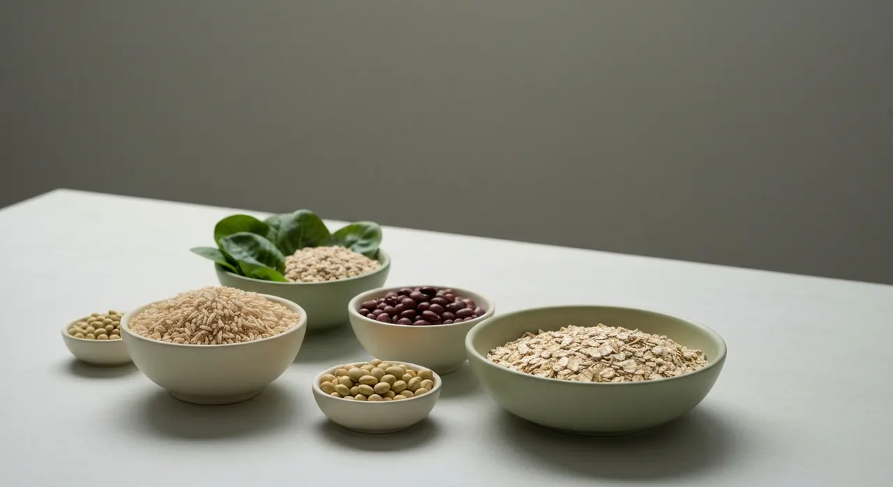 ビタミンB群を含む全粒穀物や玄米・豆類など、肌の調子を意識した食材のイメージ